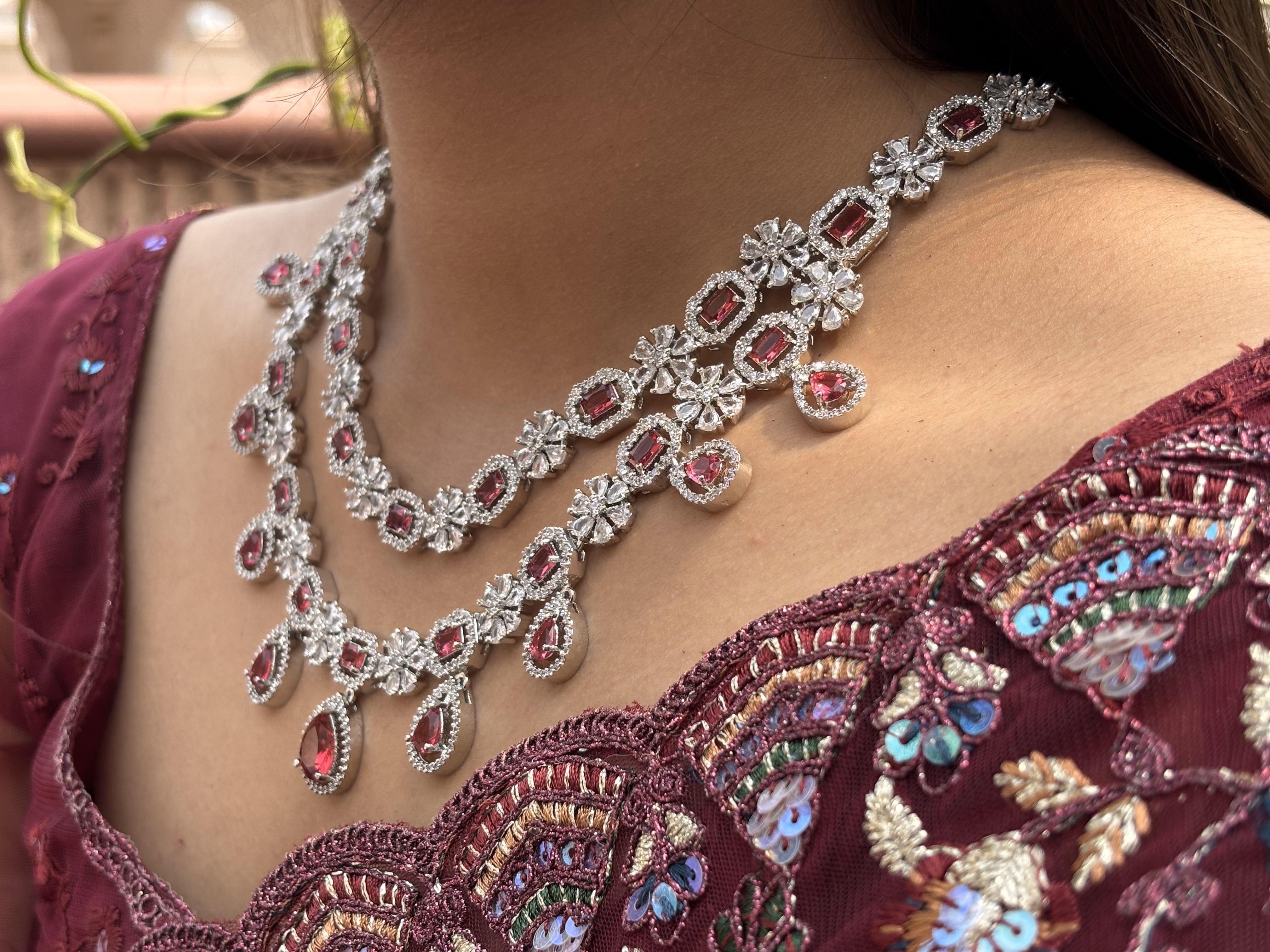 Crimson Ruby - Deep Rose Necklace & Earrings Set